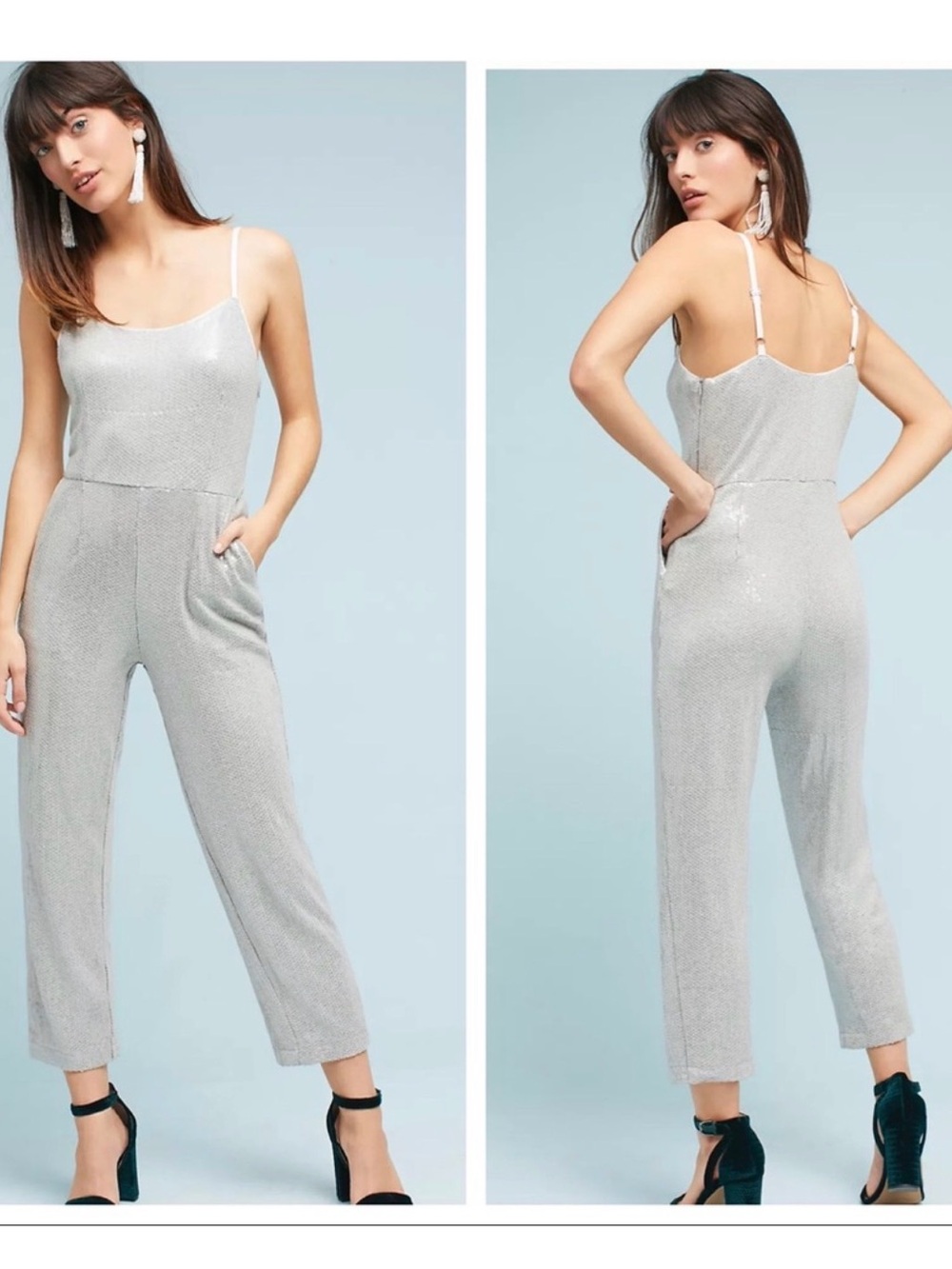 Ett Twa Anthropologie Claudette Sequin Jumpsuit Silver White w/ Pockets 8